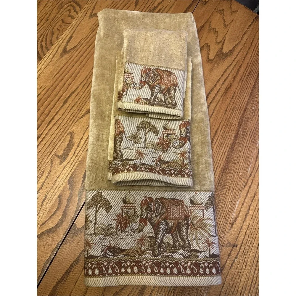 Hampton Manor Towel Set Tan New Taja Elephant 100% Cotton 3 Piece Safari Vintage
